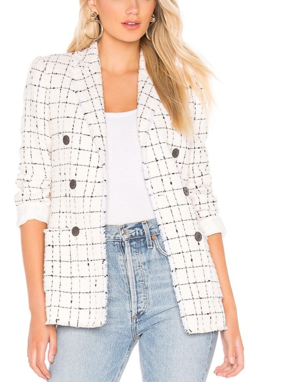 Rebecca Taylor Cream and Black Windowpane Tweed Blazer Jacket - Size - Medium